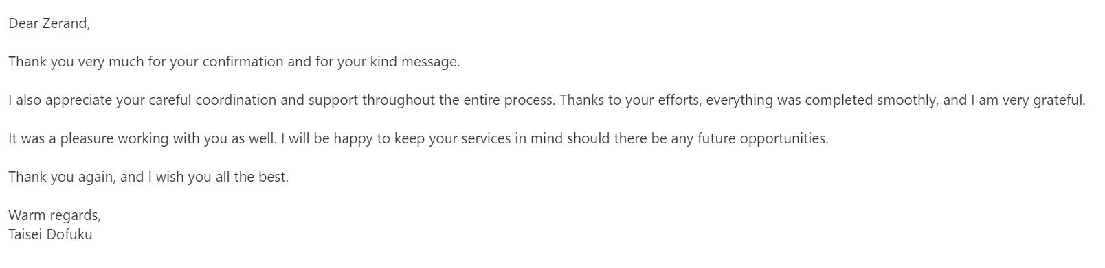 Dofuku 對 Zerrand 服務的高度讚賞