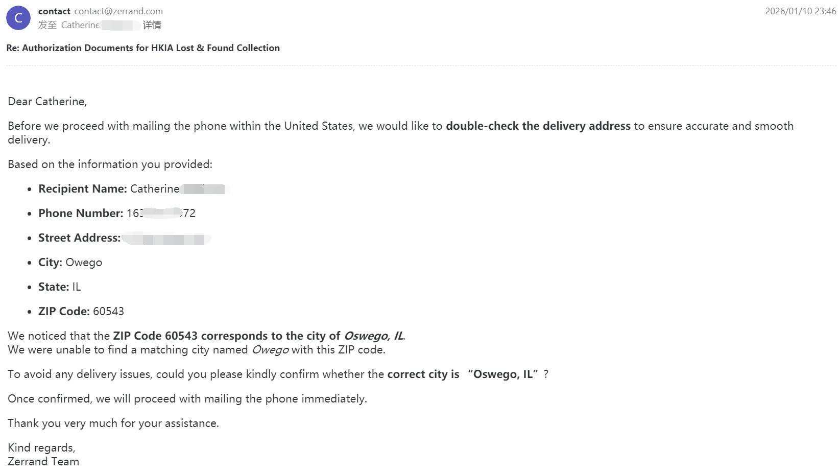 核对Catherine的地址