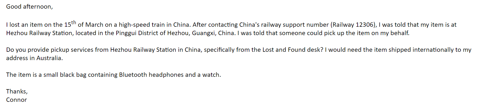 在高铁上遗失了浪琴手表和蓝牙耳机